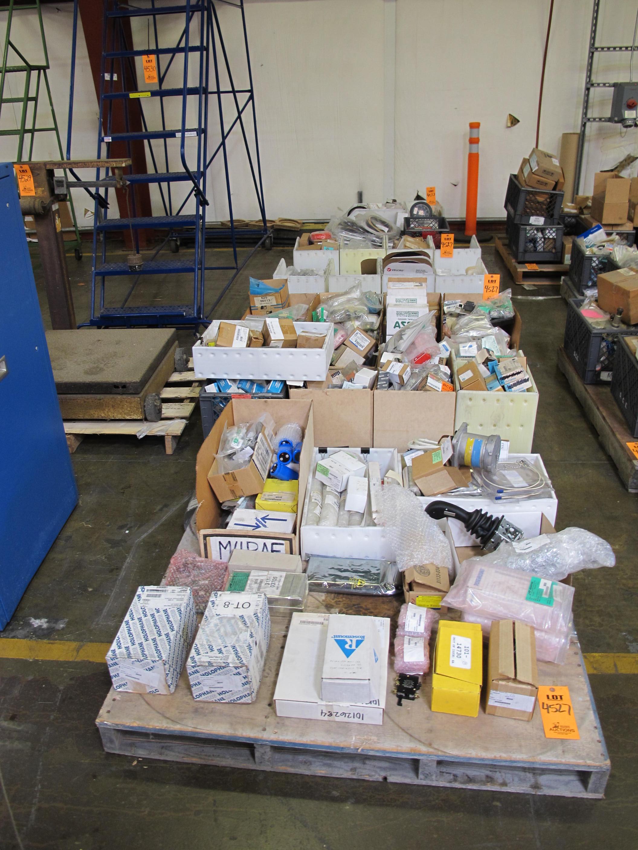 LOT TO INCLUDE ROSEMOUNT, GENERAL ELECTRIC, ASCO, BURGESS, SQUARE D, ALLEN BRADLEY, MICROSWITCH, NAMCO, HILTI: (5 PALLETS) MISC. AUXILIARY SWITCH ACCESSORY KITS, PRESSURE SWITCHES, TRANSMITTER MODULE KITS, LIMIT SWITCHES, PUSH BUTTON SWITCHES, 5/8" ANCHOR BOLTS, VELCRO ROLLS, CAPACITORS, POTENTIOMETER, PRINTED CIRCUIT BOARDS, BALLAST REPAIR KITS, SWITCH, SINGLE-AXIS JOYSTICK, TYPE VV64.1 MANUFACTURER: GESSMANN, PART NO. VV64.1B3-02ZP-X 2K OHM ELEC RATING, FOUR CONTACT, SPRING RETURN, PALM GRIP, DISK DRIVES. LOADING & HANDLING FEE $15-4527